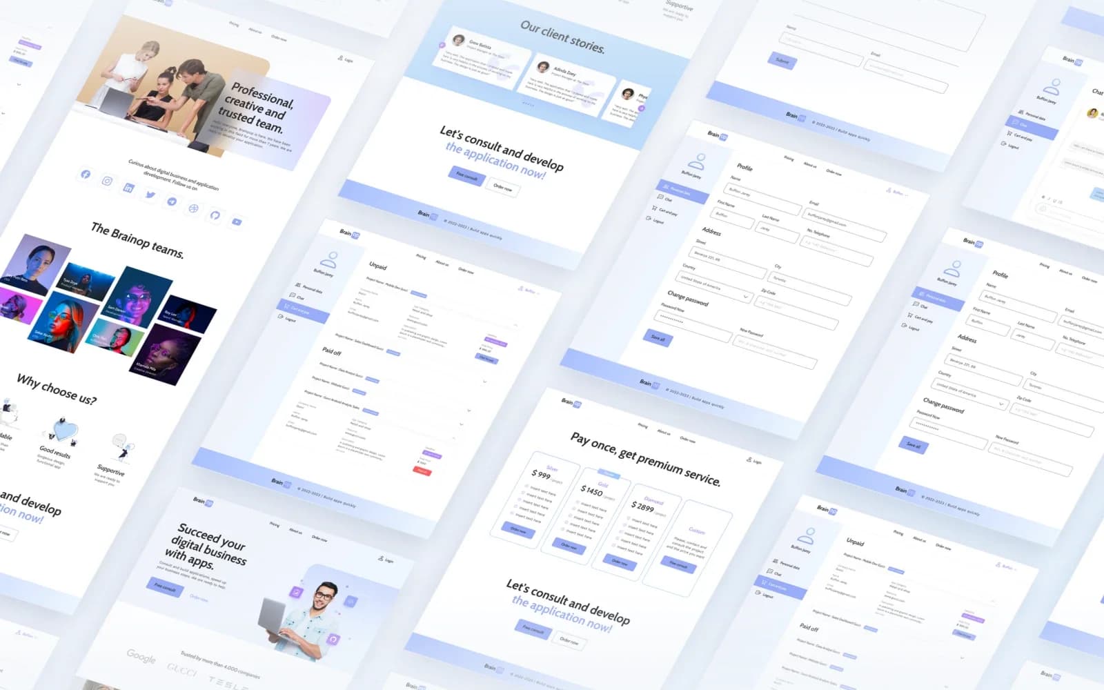 Brainop website and client dashboard screens